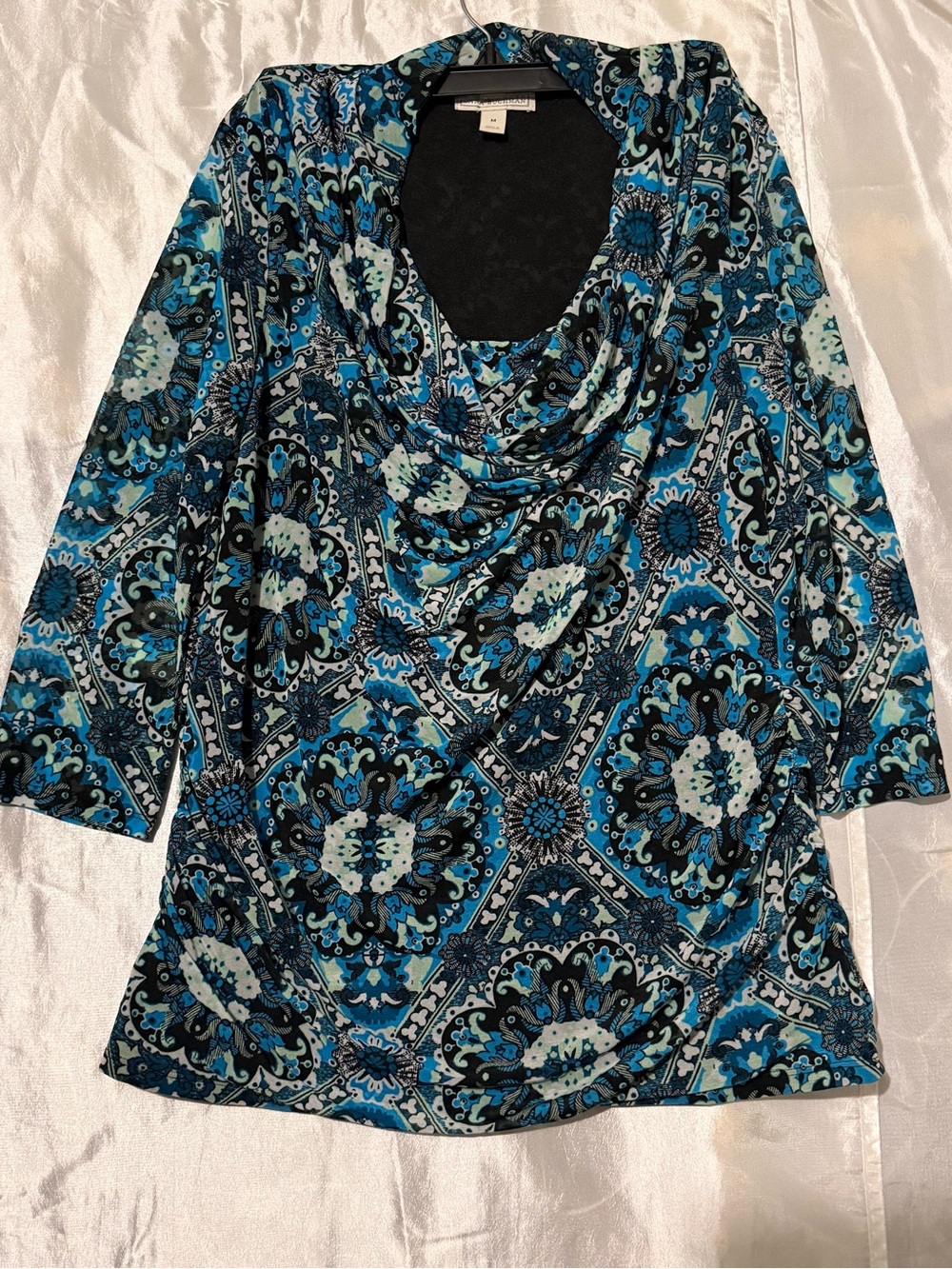 Dana Buchman Women's 3/4” Cowl Neck Blouse-Teal & Black Disigned-Size M